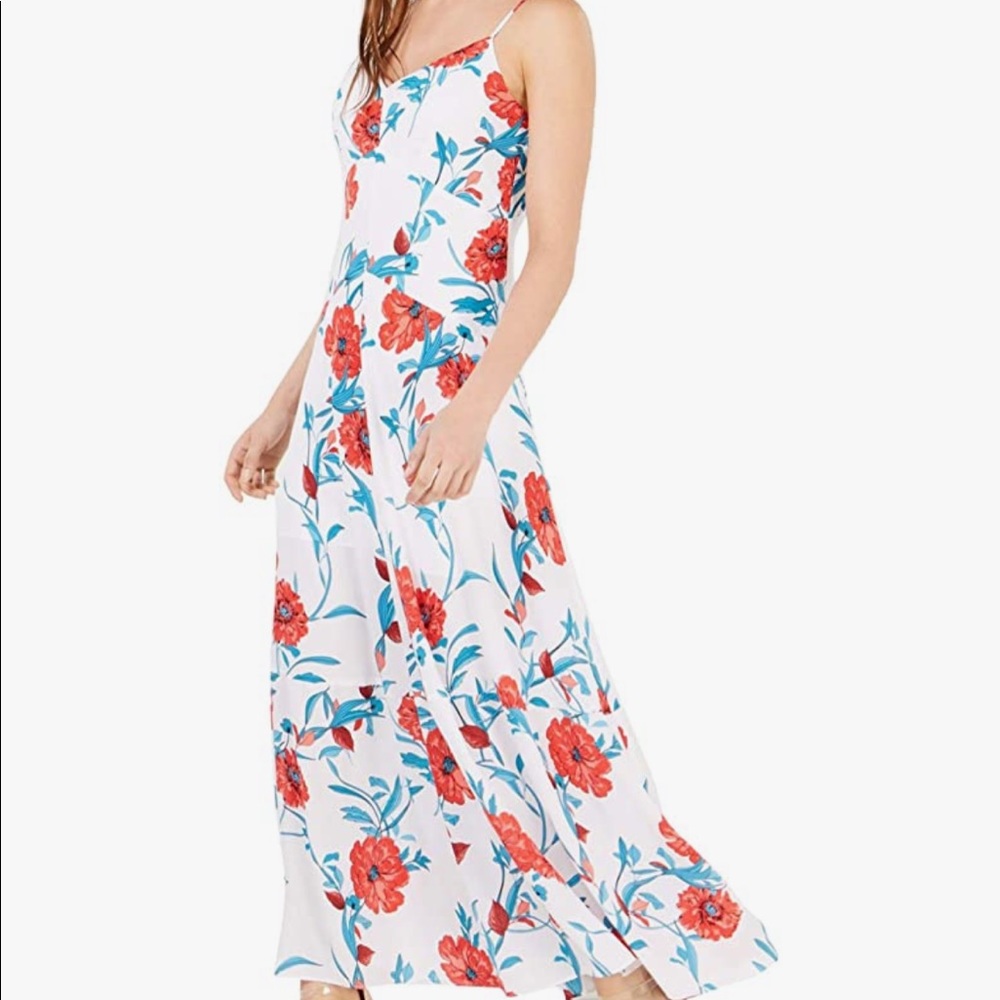 Floral Maxi Dress - White with Red and Blue Accents